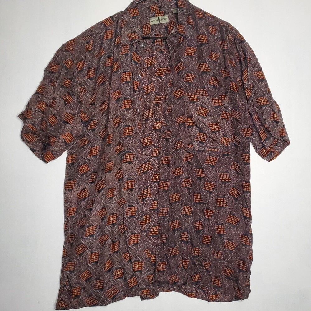 Vintage Robert Stock 100% Silk Short Sleeve Button Up Shirt Geometric Pattern XL